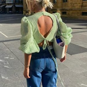 Puffy sleeves backless top